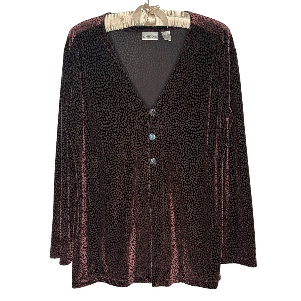 Chicos‎ 2 (Large) Mosaic Velvet Burnout Button Tunic Top Long Sleeve Made In USA